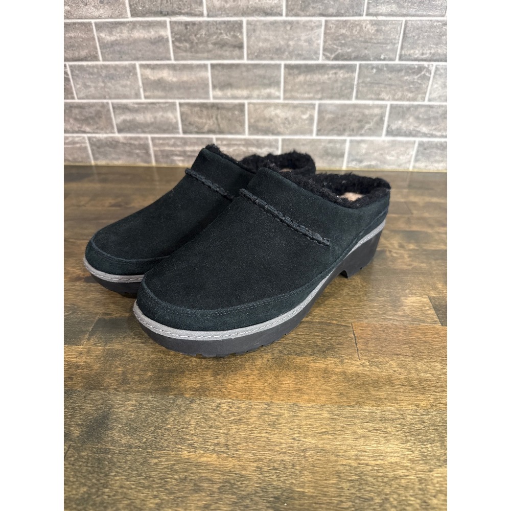 UGG Women Black Suede Fuzzette Platform Clog Slippers 1098749 Lug Sole 7